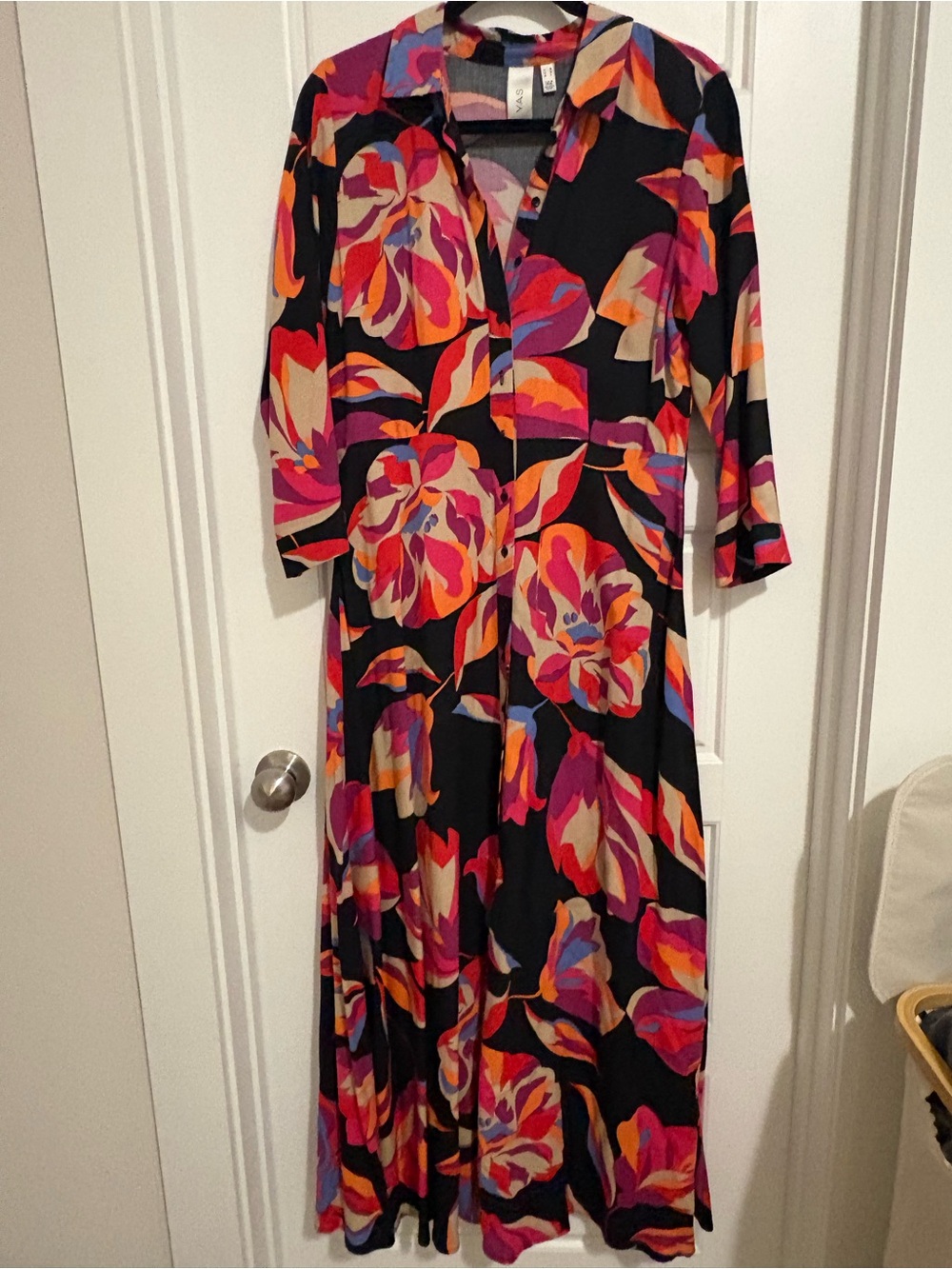 Ya Los Angeles Black Maxi Shirt Dress with Pink, Orange & Purple Floral Print